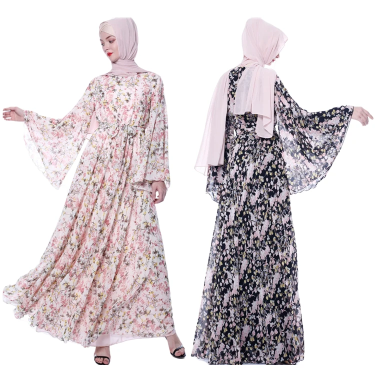 

HJ XMD0082 No Hijab Flare Sleeve Floral Printed Chiffon Women'S Clothing Muslim Dress 2021 Islam, Pink/black
