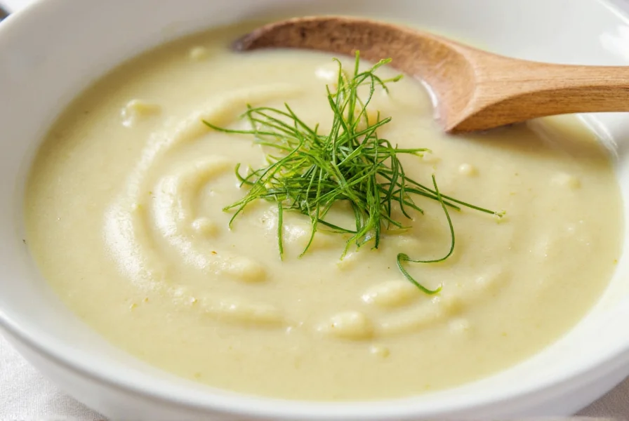 Close-up of creamy fennel soup in white bowl with fresh fennel fronds garnish and rustic wooden spoon