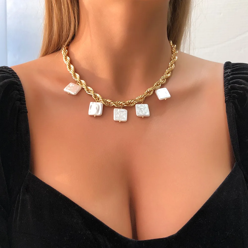 

Women punk gold plated snake chain link necklace pearl choker charm necklace for women