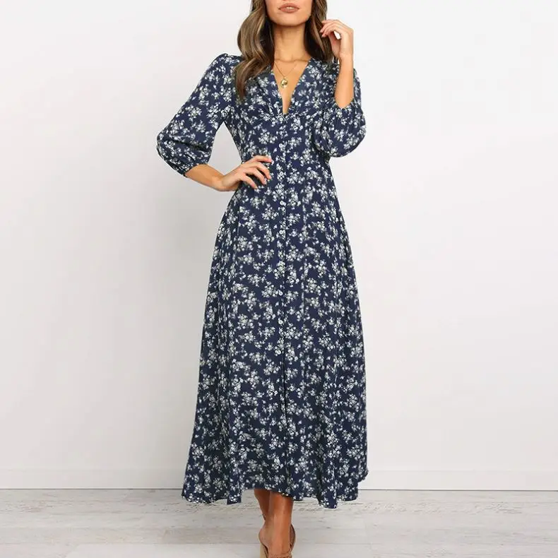 

2020 Printed v-neck long sleeve high waist chiffon women sexy dresses, Two