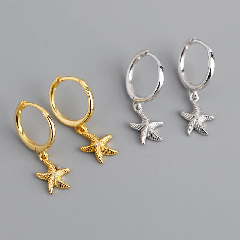 

925 sterling silver cute starfish design earrings Huggie hoop earrings Bohemia summer beach gold starfish earrings for women