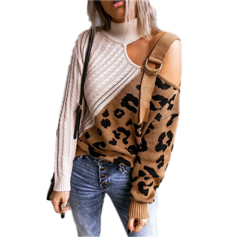 

New Fall Winter Sexy Irregular High Neck Knitted Shoulder Strap Sweater Woman Strapless Leopard Print Pullover Women's Sweater, Picture color