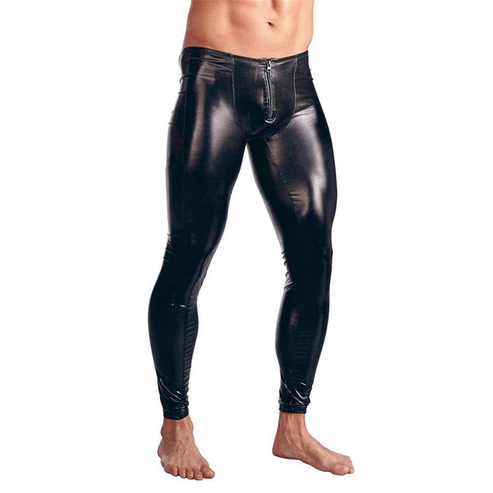 

Wonder Beauty Gothic Men Wetlook Faux Leather Front Zipper Pants PVC Long Trousers Club Wear Skinny Gay Fetish Male Vinyl Pants, As show