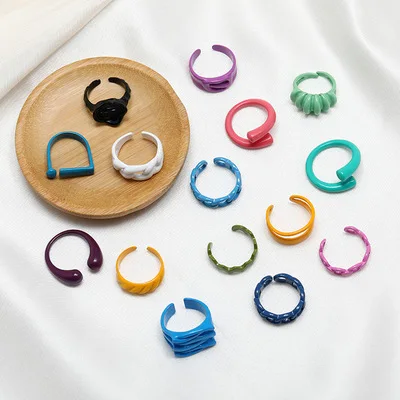 

2021 New Arrivals Designs Fashion Hot Selling Alloy Spray Painted Macaron Candy Colorful Irregular Opening Ring, Picture shows