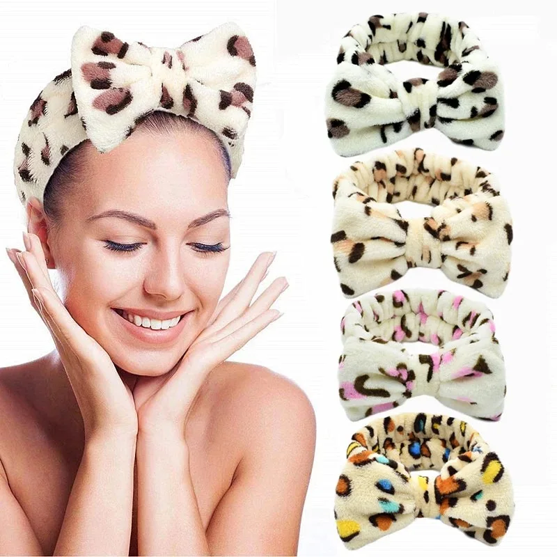 Microfiber Bowtie Headbands Bowknot Elastic Hair Band Leopard Women Spa Yoga Sports Shower Facial HeadBand Head Wrap for Women