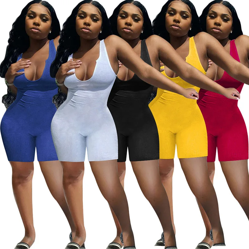 

plus size Rib knit v- neck vest sleeveless woman tops fashionable rompers summer 2021 bodycon women shorts one piece jumpsuit, Photo color