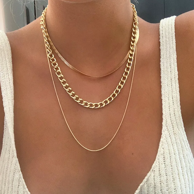 

Trendy Multilayer Layered Snake Chain Necklace Summer Gold Plated Cuban Link Necklace For Women
