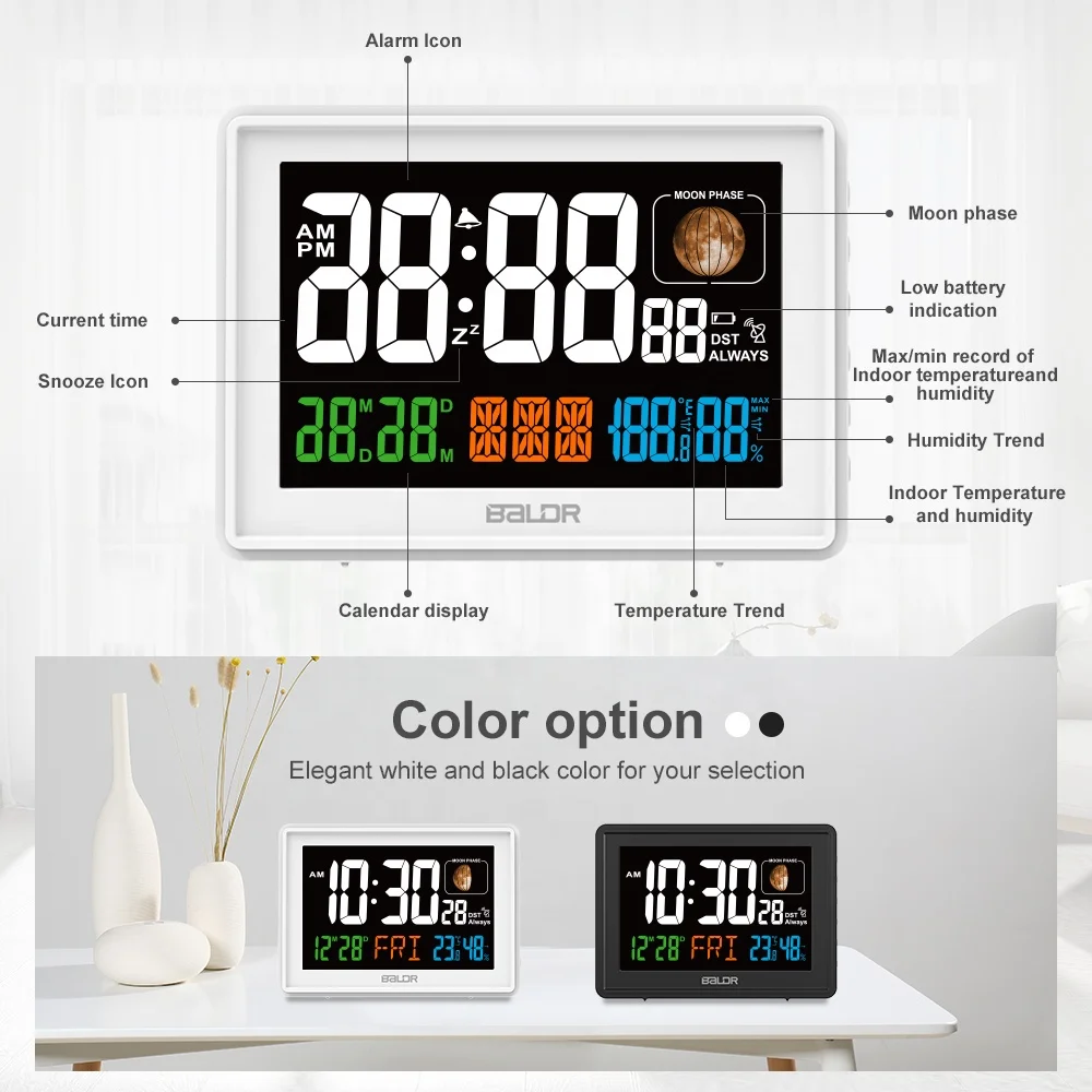 

2021 Amazon Hot Selling Digital Alarm Clock Indoor Thermometer Hygrometer Table Desk Wall Clock with Radio Controlled Time