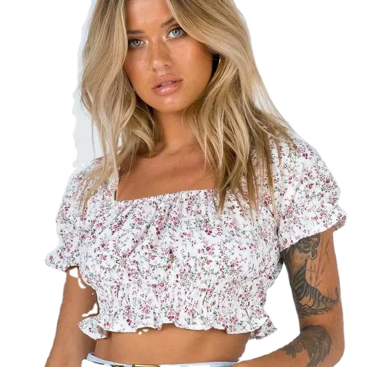 

Bohemian Retro Ditsy Floral Plunging Neck Buttoned Crop Top Shirred Blouse Women Summer Puff Sleeve Fitted Vintage Blouses, Picture