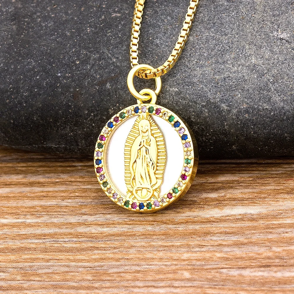 

New Fashion Copper Zircon Colorful Crystal Virgin Mary Pendant Chain Necklace For Women Female Fashion Wedding Catholic Jewelry, Gold