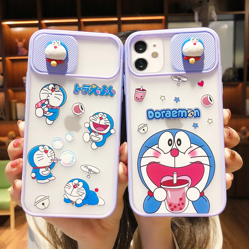 

Japanese Anime Doraemon Slide Camera Protection Back Cover Cases For iPhone 12 11 Pro Max Matte Phone Case