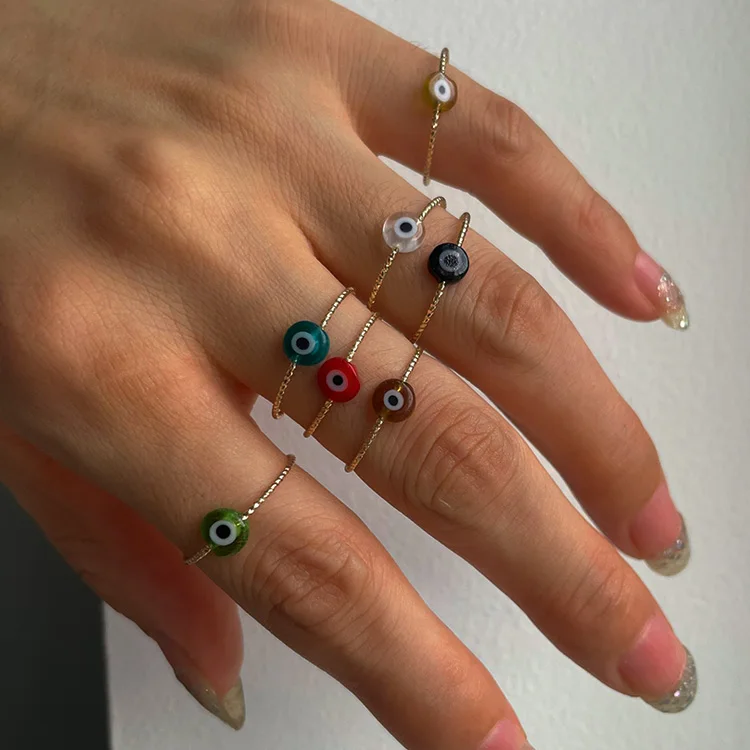 

Multi Color Glass Gold Plated Evil Eye Size Ring Set Women