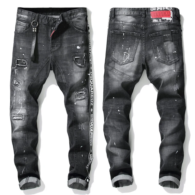 

Yihao fashionable casual men ripped slim fit black jeans denim pants