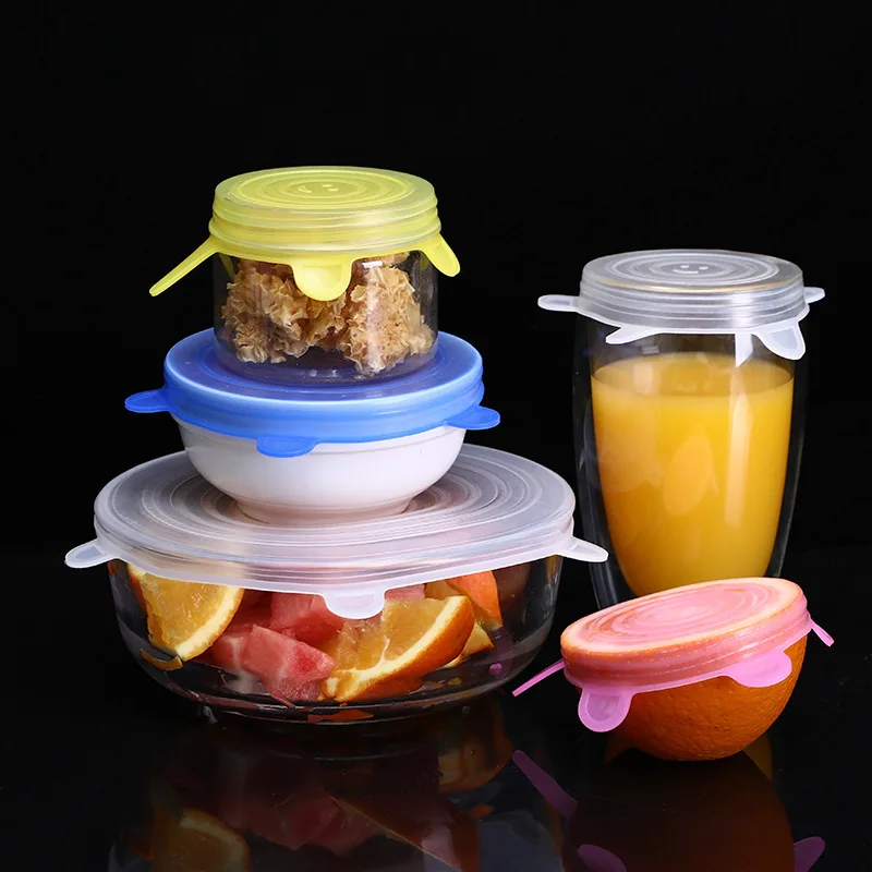 

BPA Free 6 Pcs Set Adjustable Food Wrap Covers Vacuum Stretch Silicone Bowl Pot Lid Reusable Silicon Lid Food Fresh Cover, White, blue, pink, yellow