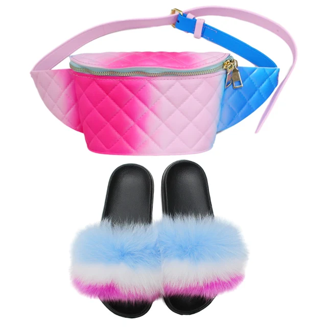 

FB 2020 custom raccoon fox faux fur kids slide sandals Women Fashion Fur Slides with purse set Jelly waist Bag flip flops