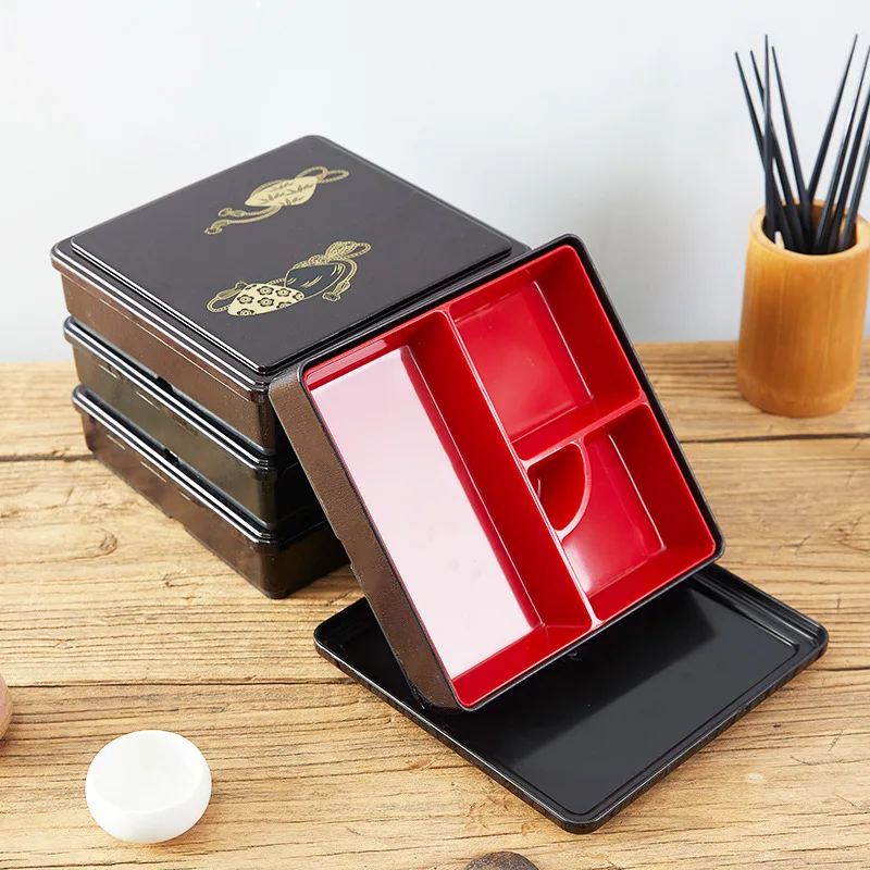 

Hot Selling Japanese Traditional type reusable Plastic Lacquered Lunch Bento Box Wood Grain Serving Food Dish
