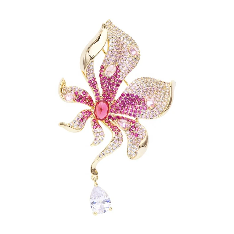 

XILIANGFEIZI High Quality Fashion Women Coat Accessories Plant Pins Luxury Zircon Crystal Pin Flower Brooches, Pink yellow gold