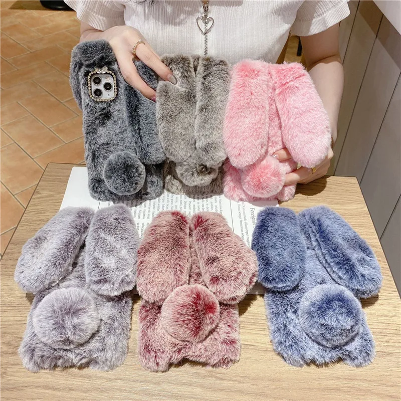 

Lovely fluffy cover case full of plush fur Bunny ears soft phone case,for iphone 12 plush animal print case