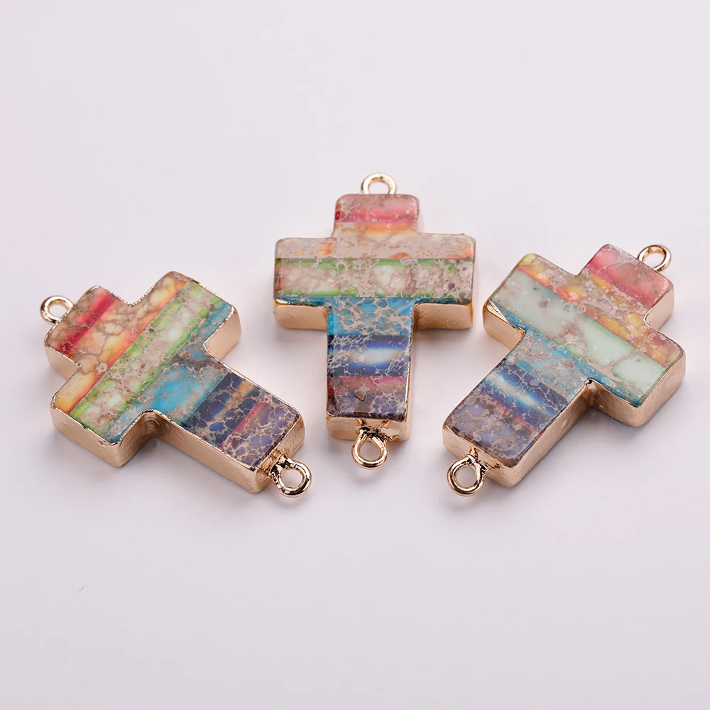 

Colorful energy stone cross inlaid with copper frame gold-plated bracelet pendant
