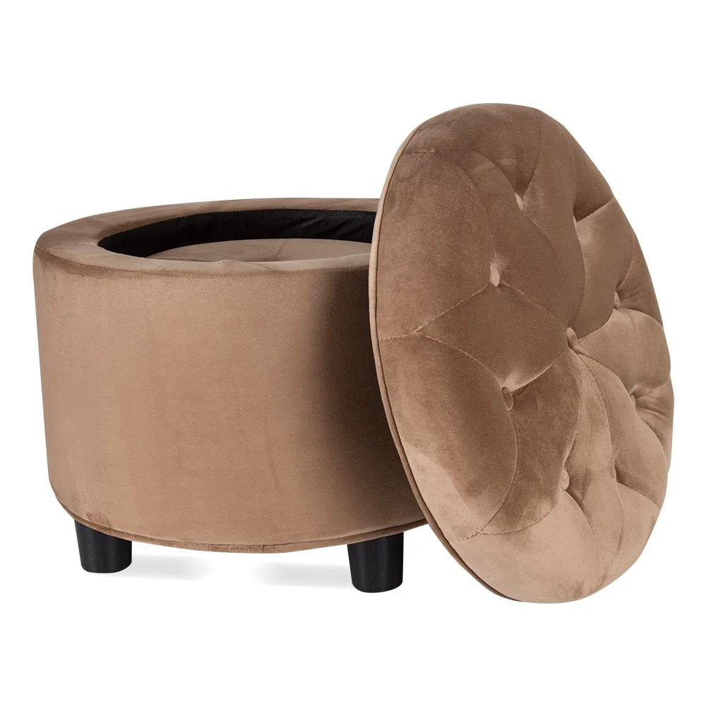 

Amazon Supplier Custom Brown Fabric Velvet Round Stool Ottoman Pouf with Storage