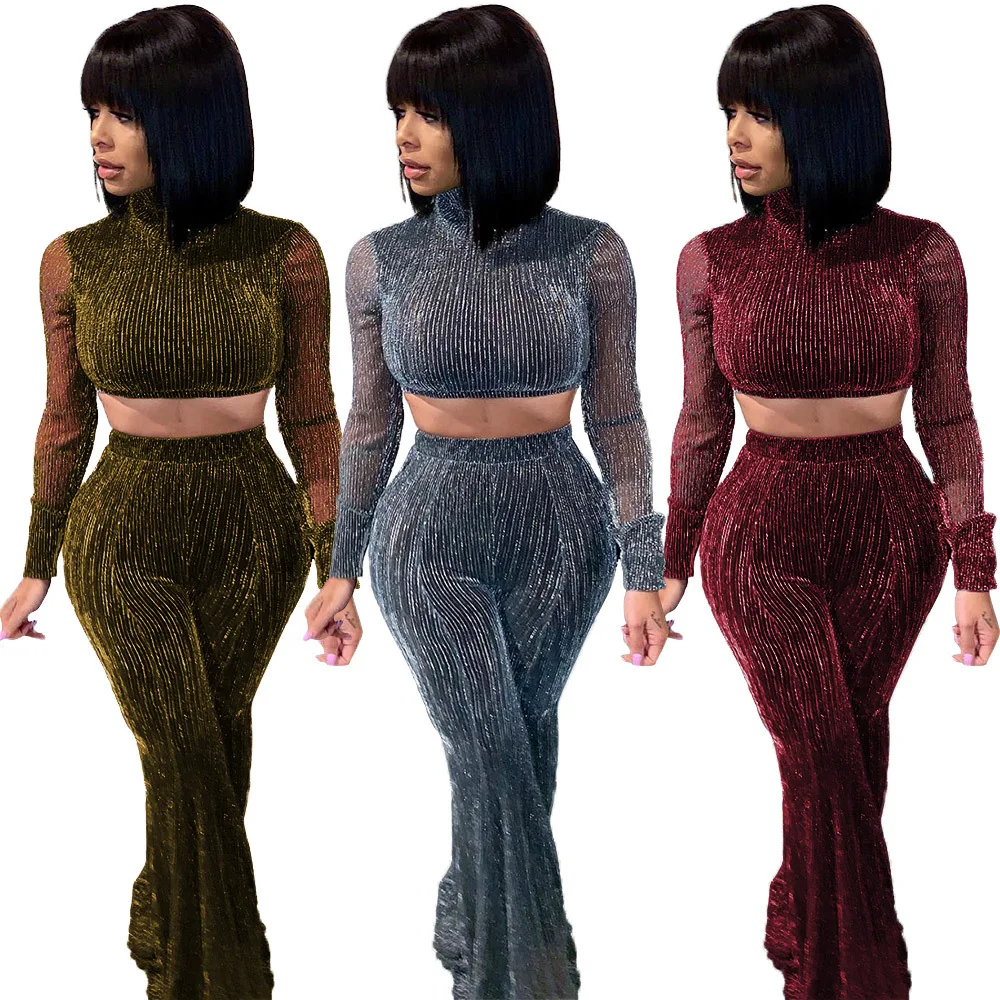 PA6284 women fashion mesh shiny bling crop top and pants two piece