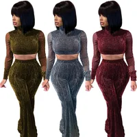 

PA6284 women fashion mesh shiny bling crop top and pants two piece