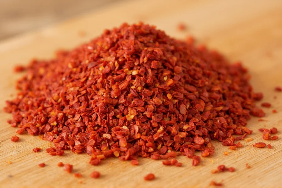 Close-up photograph of red chili flakes showing texture and color variation on wooden cutting board