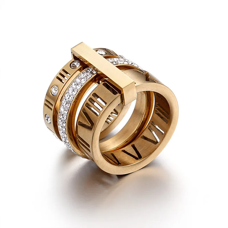 

Wholesale personalized fashion 18k gold plated stainless steel stackable diamond roman numerals ring, Rose gold color