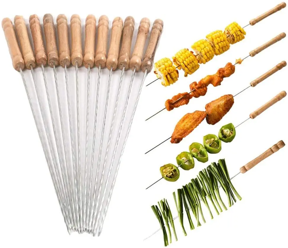 

Stainless steel grilling skewers BBQ Stick Needles Marshmallow Roasting Sticks Barbecue Skewers with Wooden Handle, Natural
