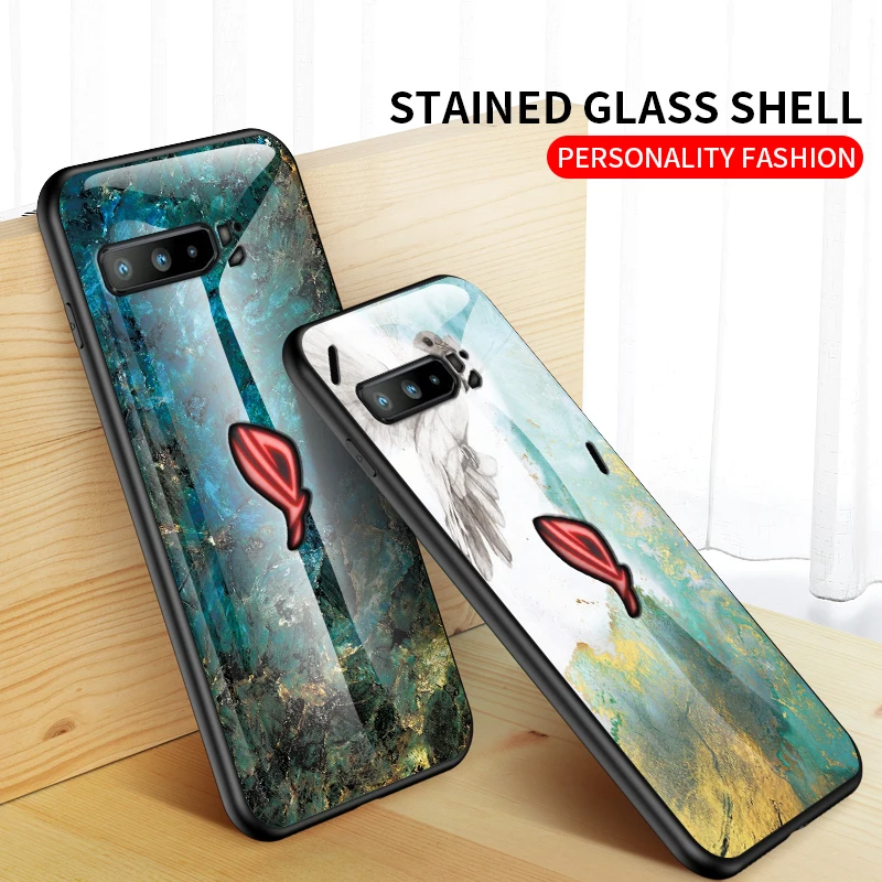 

Luxury Marble Style Tempered Glass Phone Cases TPU Back Cover Case for ASUS Rog 2 ZS660KL Rog 3 ZS661KS, 6 colors