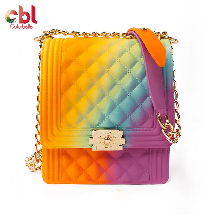 

Fashion Ladies Rainbow Trendy Jelly PVC Clutch Evening Bags Chic Chain Shopping Messenger Bags, Rainbow color