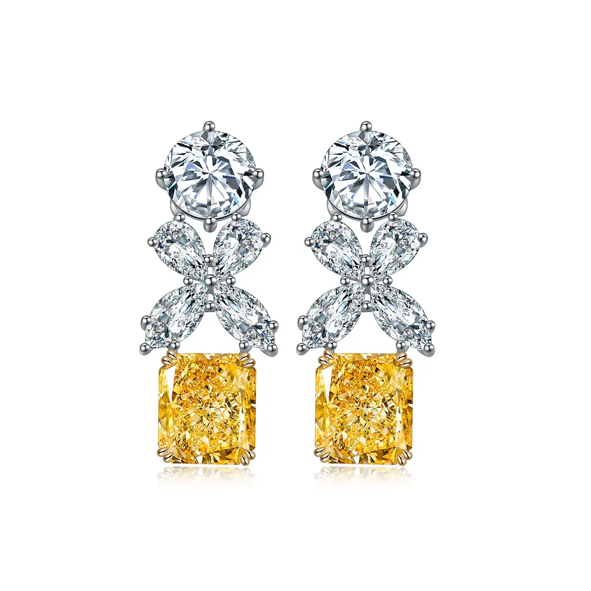 

Anster jewelry 9K gold dangle earrings fancy color cubic zirconia radiant shape earring jewelry wholesale price, Yellow, pink, blue, white, green, orange