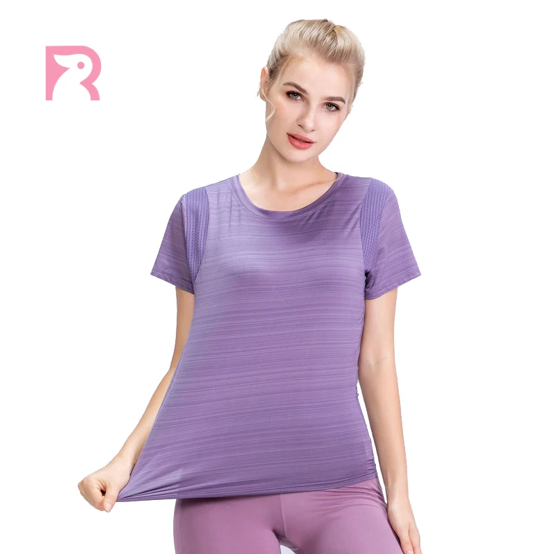

High Quality Breathable Wicking Short Sleeve Activewear Quick Dry t-shirt Seamless Yoga Wear Top Women with Mesh Patchwork