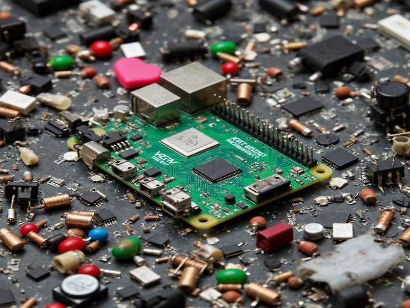 Raspberry Pi Pico board surrounded by recycled electronic components