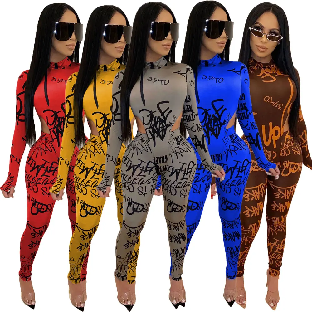 20205-MX47 sehe fashion long sleeve letter print sexy jumpsuits women