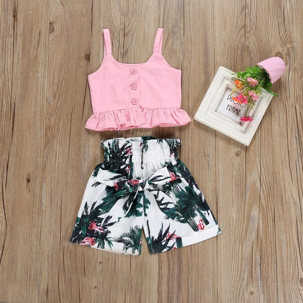 

B60798A 2019 girls clothes suit summer new sling pink shirt bird leaf shorts 2 piece set lotus leaf shorts children clothing, Picture shows