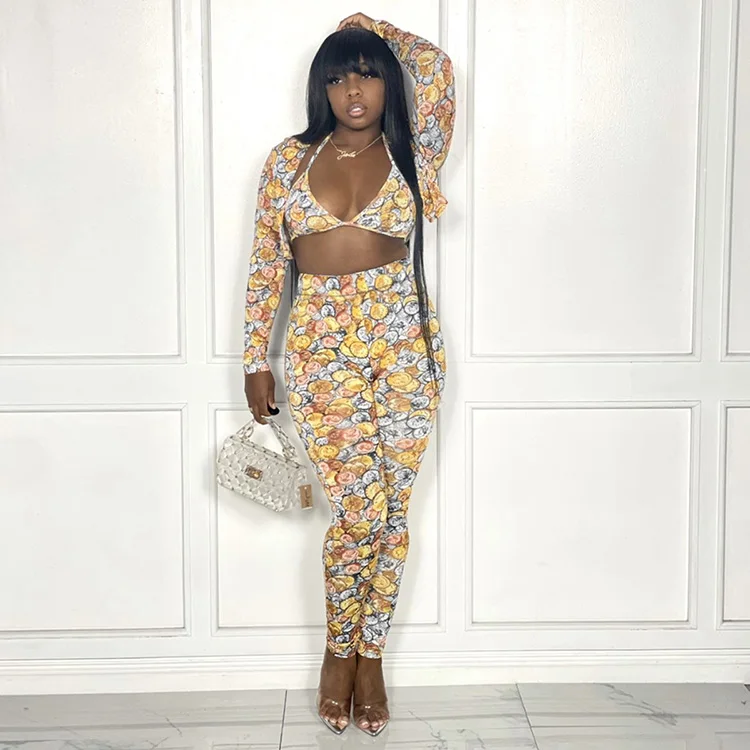 

Winter Stylish Female Crop Top And Trouser Set Printed Camisole Jacket Long Pants Sets Womens 3 Piece Outfit, Yellow