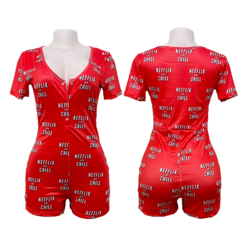 

2021 Summer Adult Short Sleeve Onesie Pajamas Women Jumpsuit Romper Sleepwear Sexy V-neck Onesie, Customized color