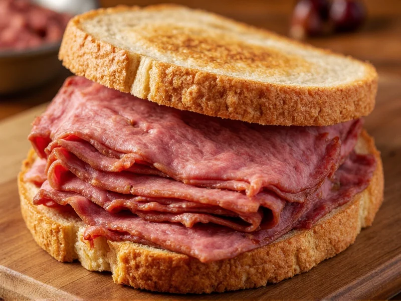 Thick sliced homemade pastrami on rye bread sandwich