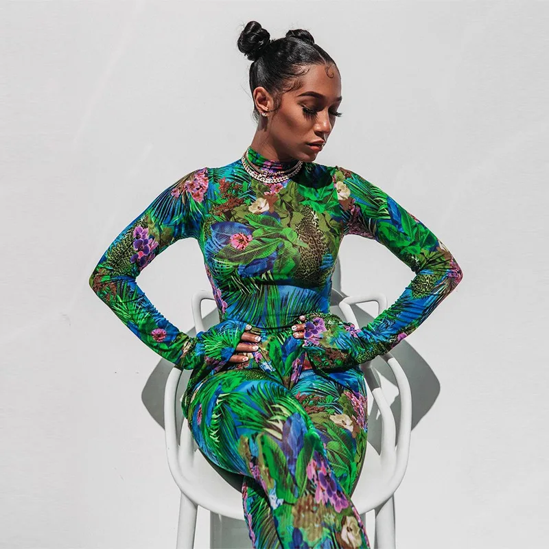 

ladies sweatsuit Tropical rain forest print long flared sleeve split turtleneck women causal two piece set