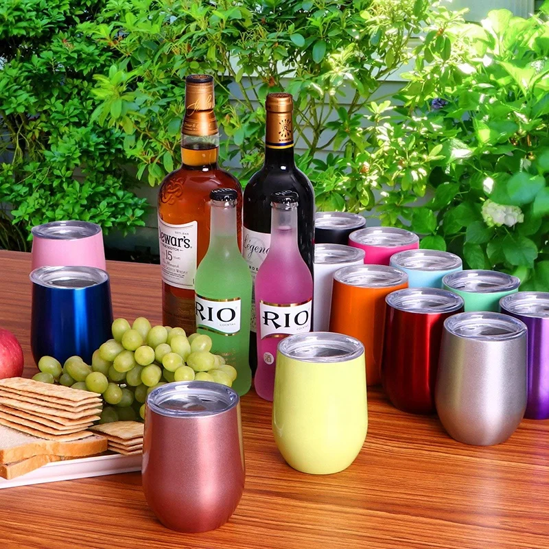 

Wholesale Double wall insulated custom logo egg tumbler stainless steel popular color wine tumbler with straws 12oz cups, All