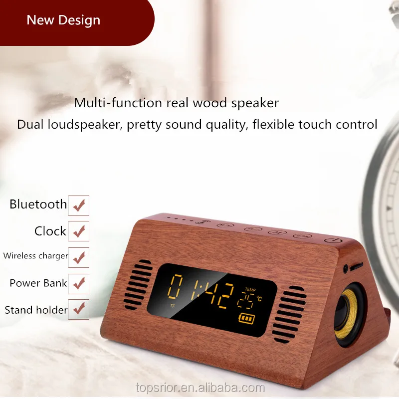 2019 new design power bank version wooden bluetooths speaker with alarm clock, wireless charger and LED TEMP display function - ANKUX.COM