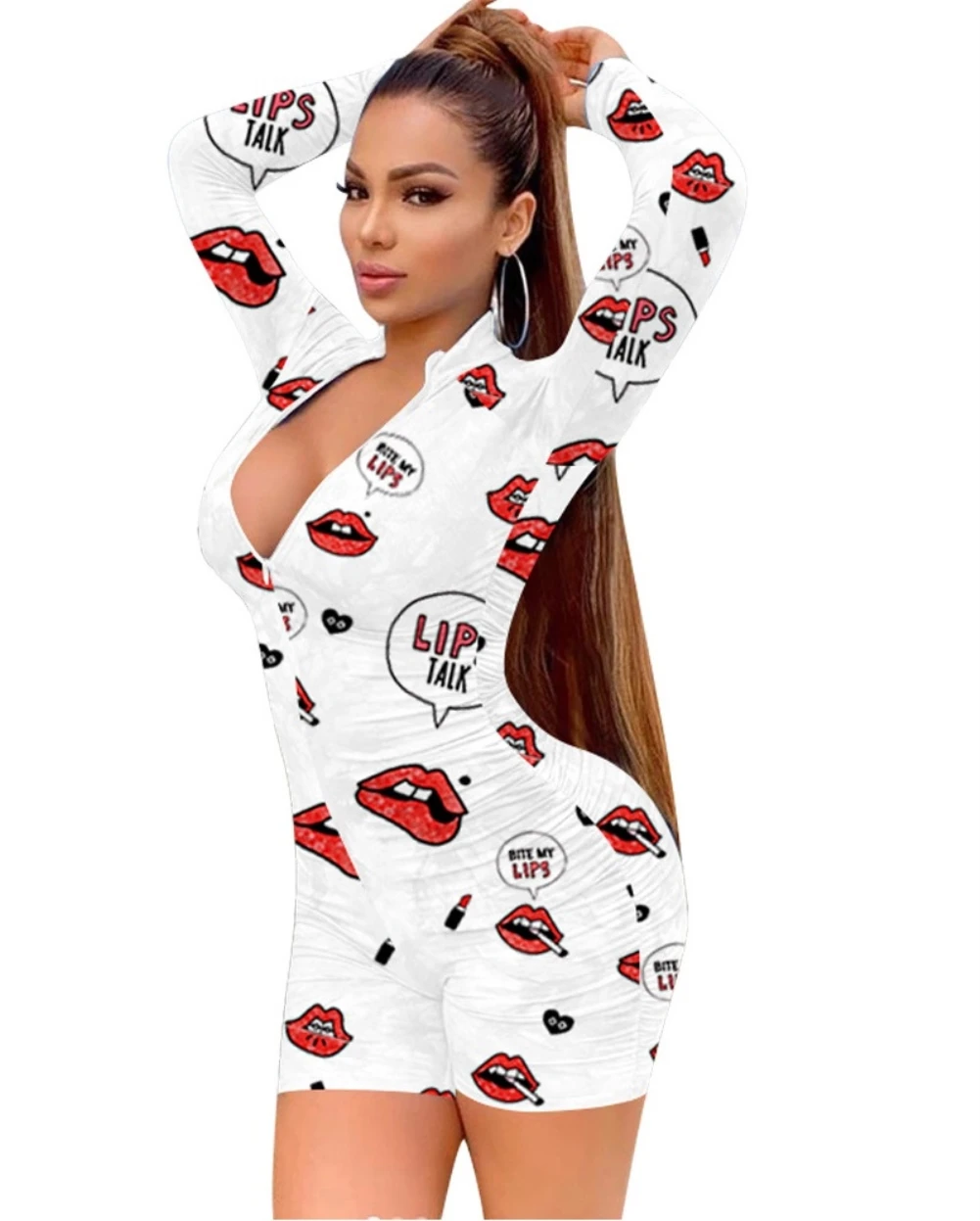 

Sexy Pleated Hot Sale Lip Print Long Sleeve Deep V Neck Ruched Bodycon Jumpsuit Plus Size Women Sleepwear Rompers Bodysuit, Picture color