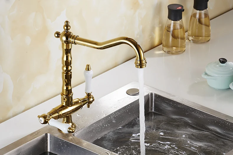 China Factory Dual Handle Gold Brass Kitchen Faucet Sink Water Mixer Tap