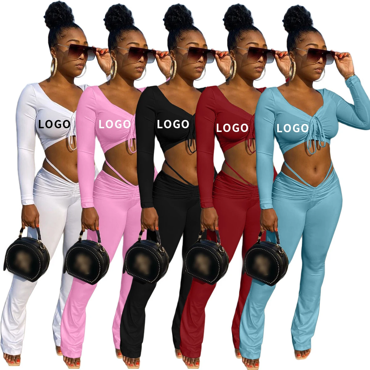 

2 Piece Ladies Set Sexy Skinny Solid Color Outfit Long Sleeves Full Length Pants Two Piece Women Set