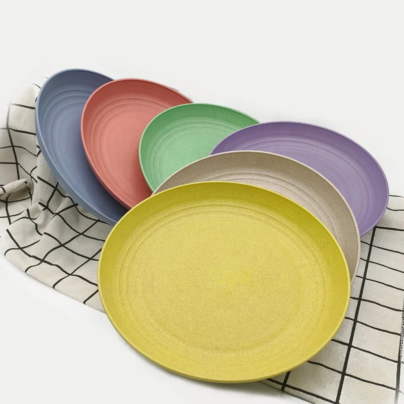 

Assorted color 9 inch unbreakable microwave safe wheat straw dishes plates set for camping, Variety