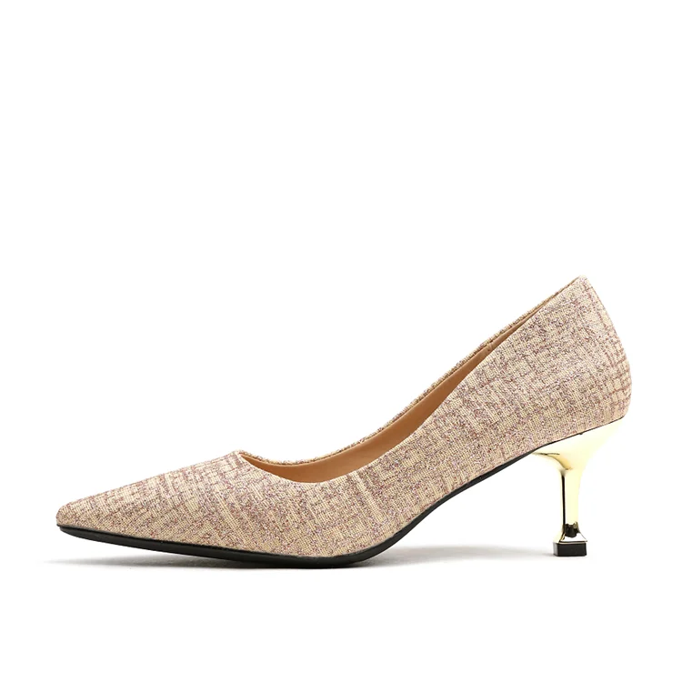 

Fashion pointed toe, thin heel, banquet classic linen gold flour shoe fabrics shoes women heels, Black, champagne