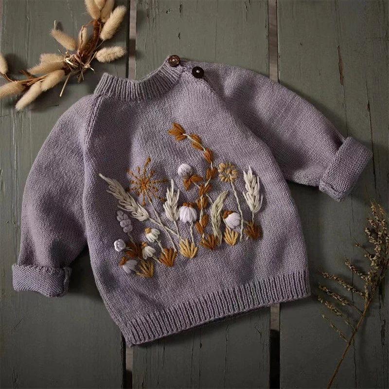 

Boutique High quality Handmade embroidery vintage blend Knitted Pullover pointelle Baby knit kids girls sweater design