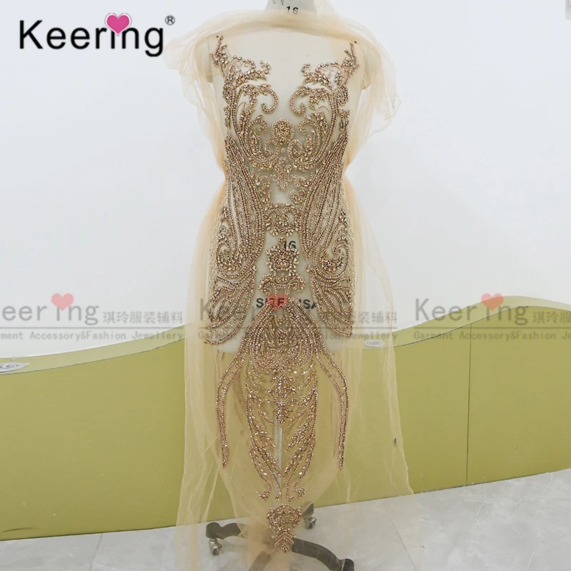 

Handmade Panel Onlays Bridal Rose red african rhinestone beaded applique WDP-139, Rose gold