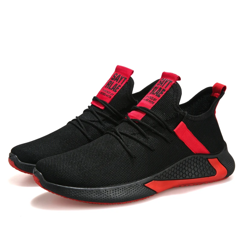 

Fashion Comfort Lace-up Men Sneakers Breathable Sport Shoes Flying men shoes sports, Custom ( black&red)